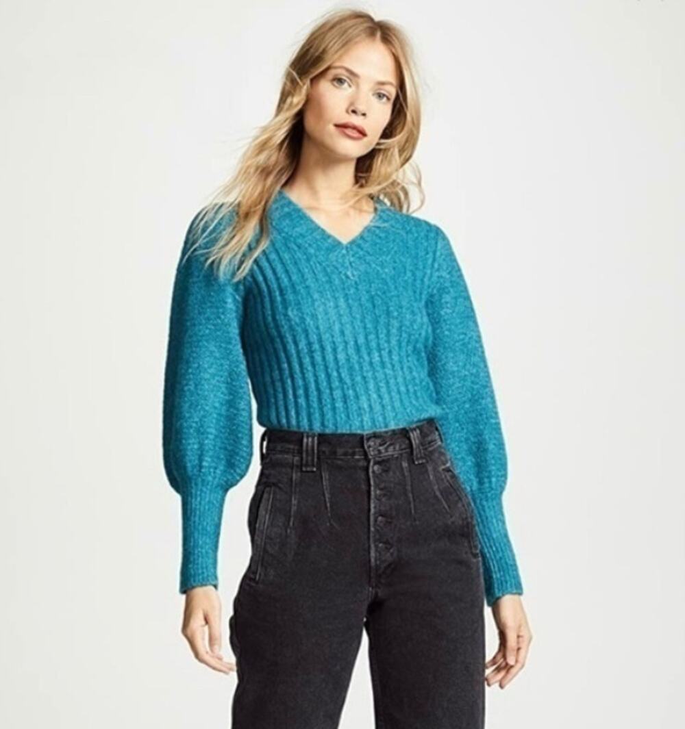 Rebecca Taylor Teal Lofty Alpaca Puff Sleeve Sweater Sz M